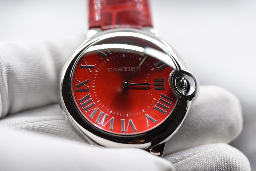 Cartier Ballon Bleu Red Dial Stainless Steel Watch