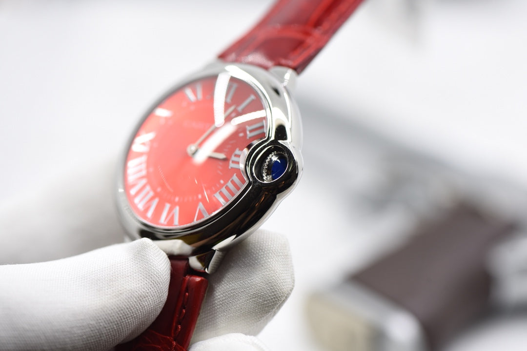Cartier Ballon Bleu Red Dial Stainless Steel Watch