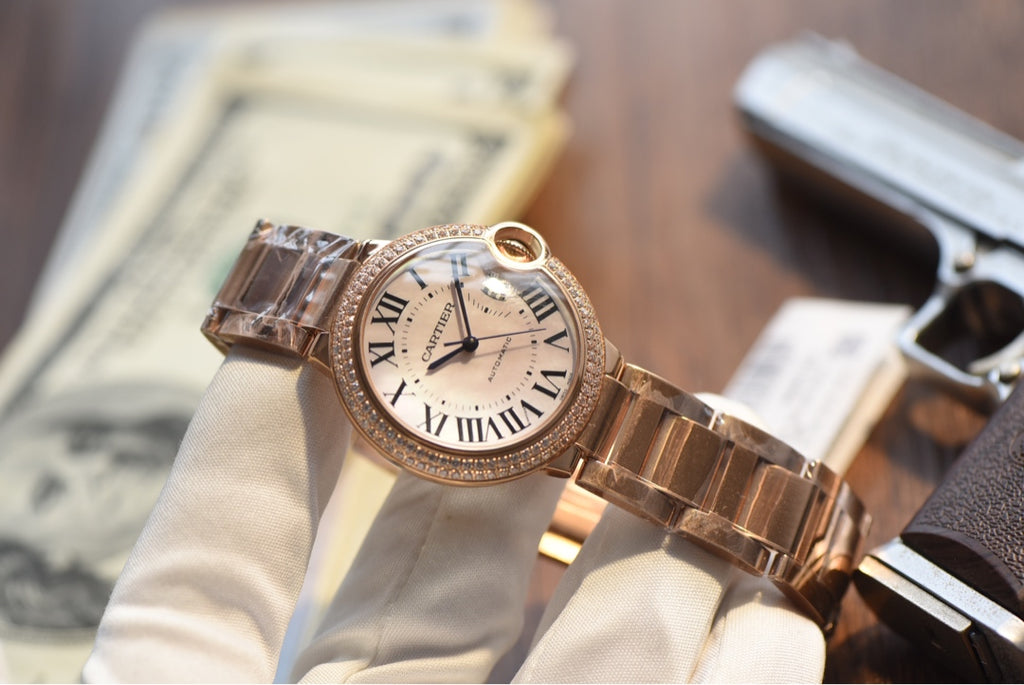 Cartier Ballon Bleu Rose Gold Diamond Bezel Automatic Watch with Bracelet