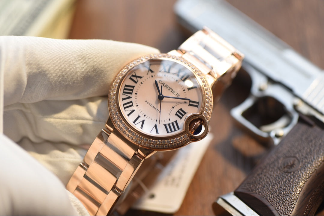 Cartier Ballon Bleu Rose Gold Diamond Bezel Automatic Watch with Bracelet