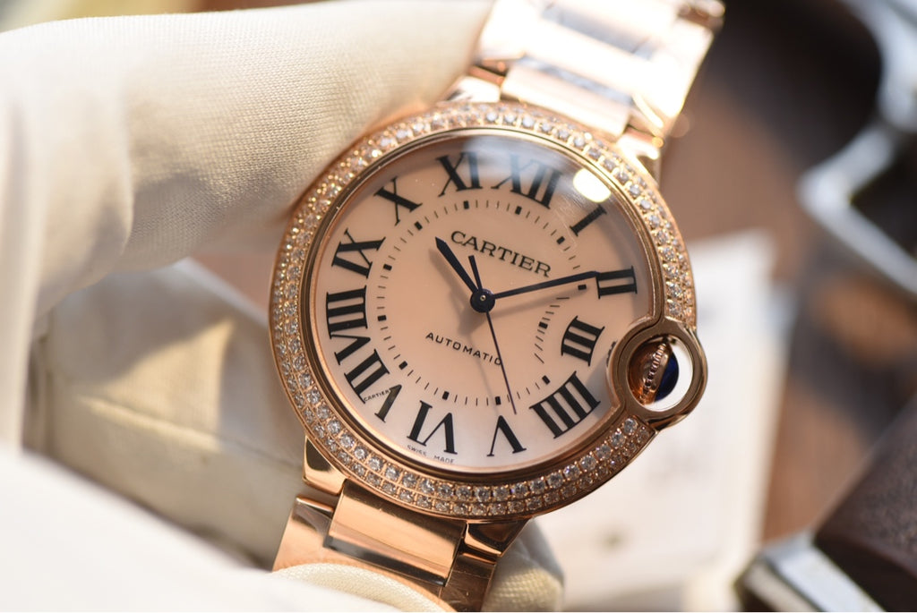 Cartier Ballon Bleu Rose Gold Diamond Bezel Automatic Watch with Bracelet