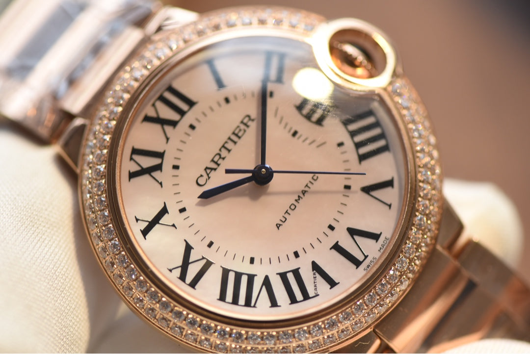 Cartier Ballon Bleu Rose Gold Diamond Bezel Automatic Watch with Bracelet