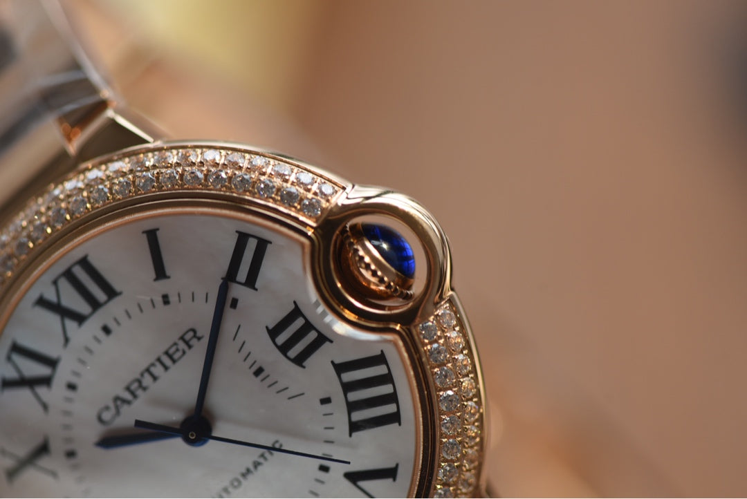 Cartier Ballon Bleu Rose Gold Diamond Bezel Automatic Watch with Bracelet