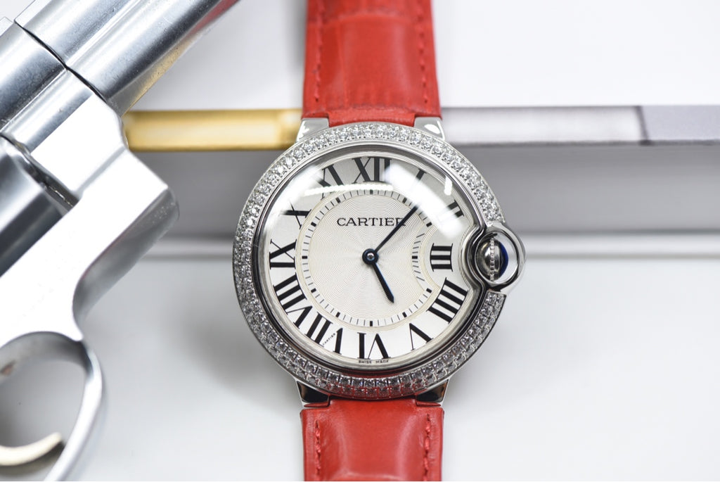 Cartier Ballon Bleu Diamond Bezel Ladies Watch with Red Alligator Strap