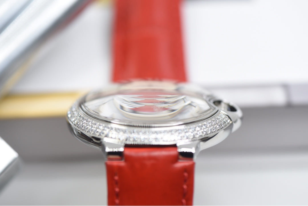 Cartier Ballon Bleu Diamond Bezel Ladies Watch with Red Alligator Strap