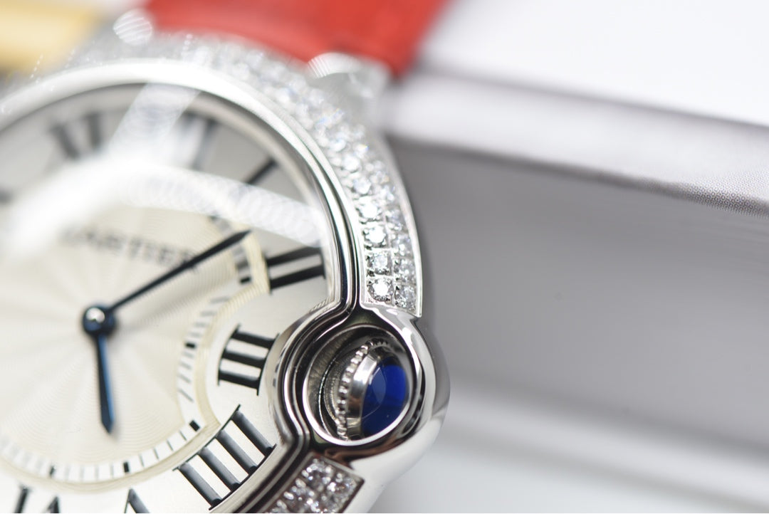 Cartier Ballon Bleu Diamond Bezel Ladies Watch with Red Alligator Strap