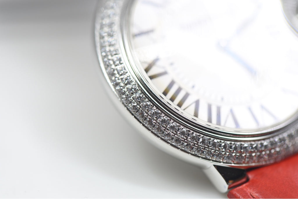 Cartier Ballon Bleu Diamond Bezel Ladies Watch with Red Alligator Strap