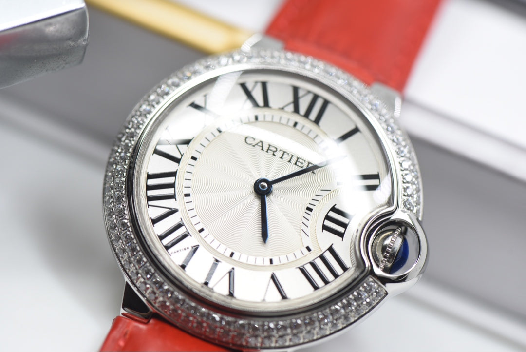Cartier Ballon Bleu Diamond Bezel Ladies Watch with Red Alligator Strap