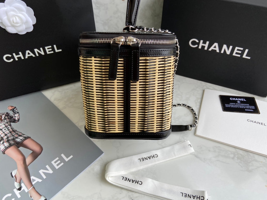 Chanel Black Patent Leather & Wicker Rattan Vanity Box Chain Bag (Custom)