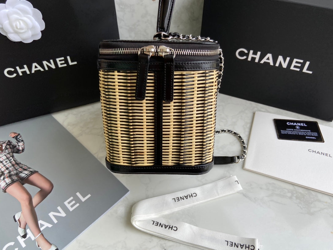 Chanel Black Patent Leather & Wicker Rattan Vanity Box Chain Bag (Custom)