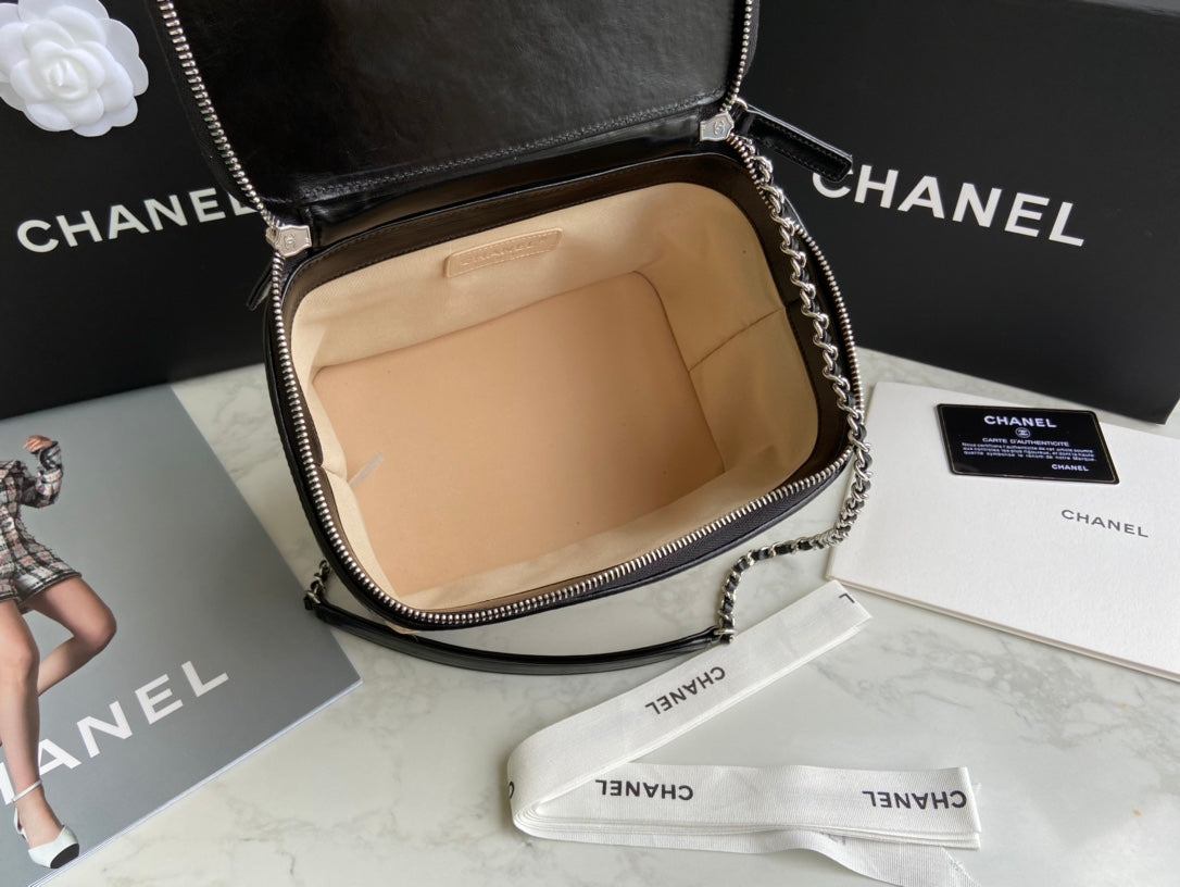 Chanel Black Patent Leather & Wicker Rattan Vanity Box Chain Bag (Custom)