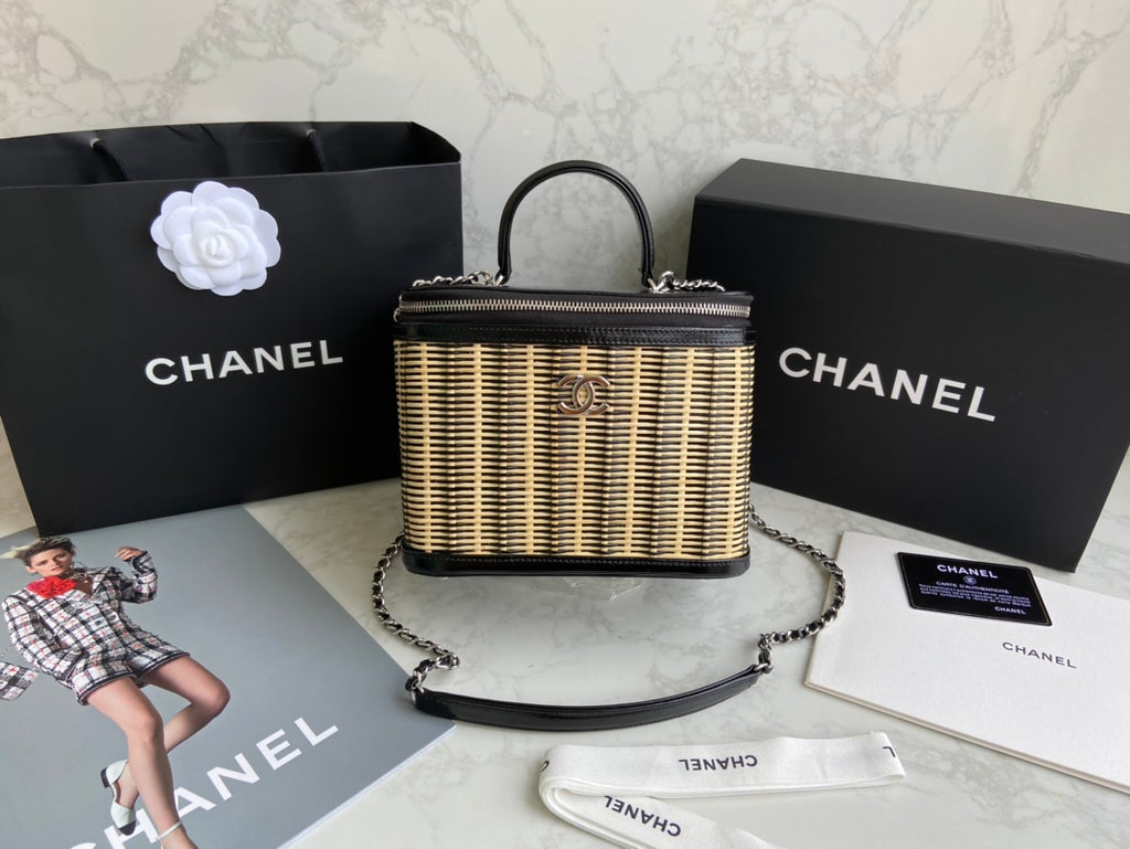 Chanel Black Patent Leather & Wicker Rattan Vanity Box Chain Bag (Custom)