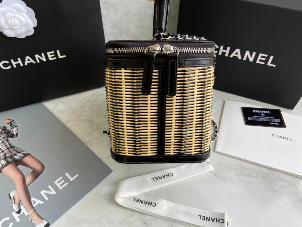 Chanel Black Patent Leather & Wicker Rattan Vanity Box Chain Bag (Custom)