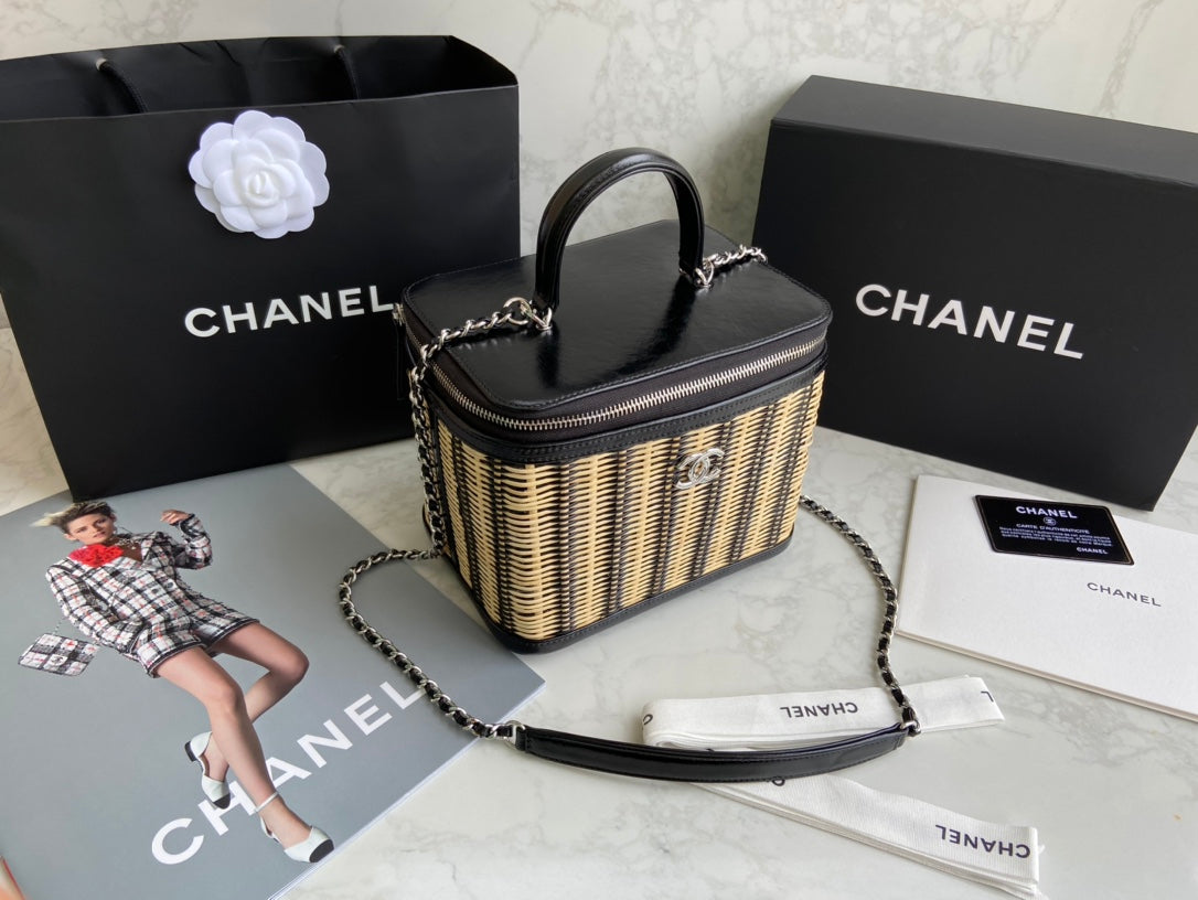 Chanel Black Patent Leather & Wicker Rattan Vanity Box Chain Bag (Custom)