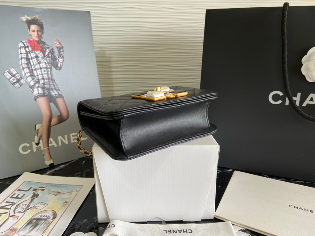 Chanel Black Quilted Lambskin Pearl & Gemstone CC Flap Chain Bag (Custom)