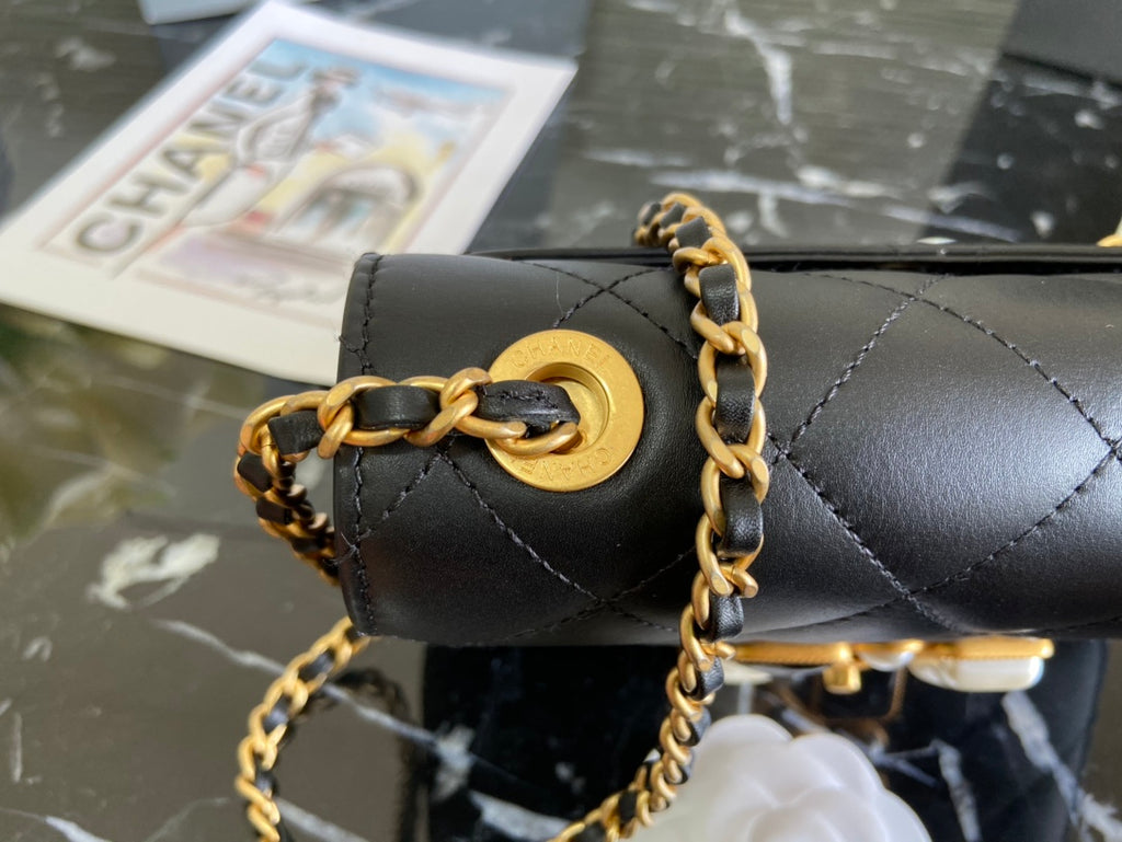 Chanel Black Quilted Lambskin Pearl & Gemstone CC Flap Chain Bag (Custom)