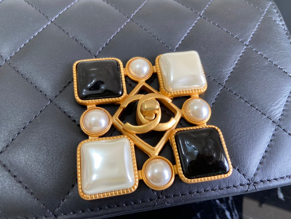 Chanel Black Quilted Lambskin Pearl & Gemstone CC Flap Chain Bag (Custom)