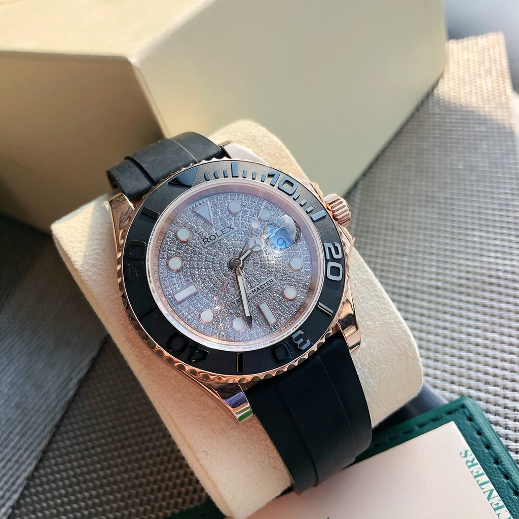 Rolex Yacht-Master 40 Rose Gold Diamond Pavé Dial Black Ceramic Bezel Rubber Strap (Custom)