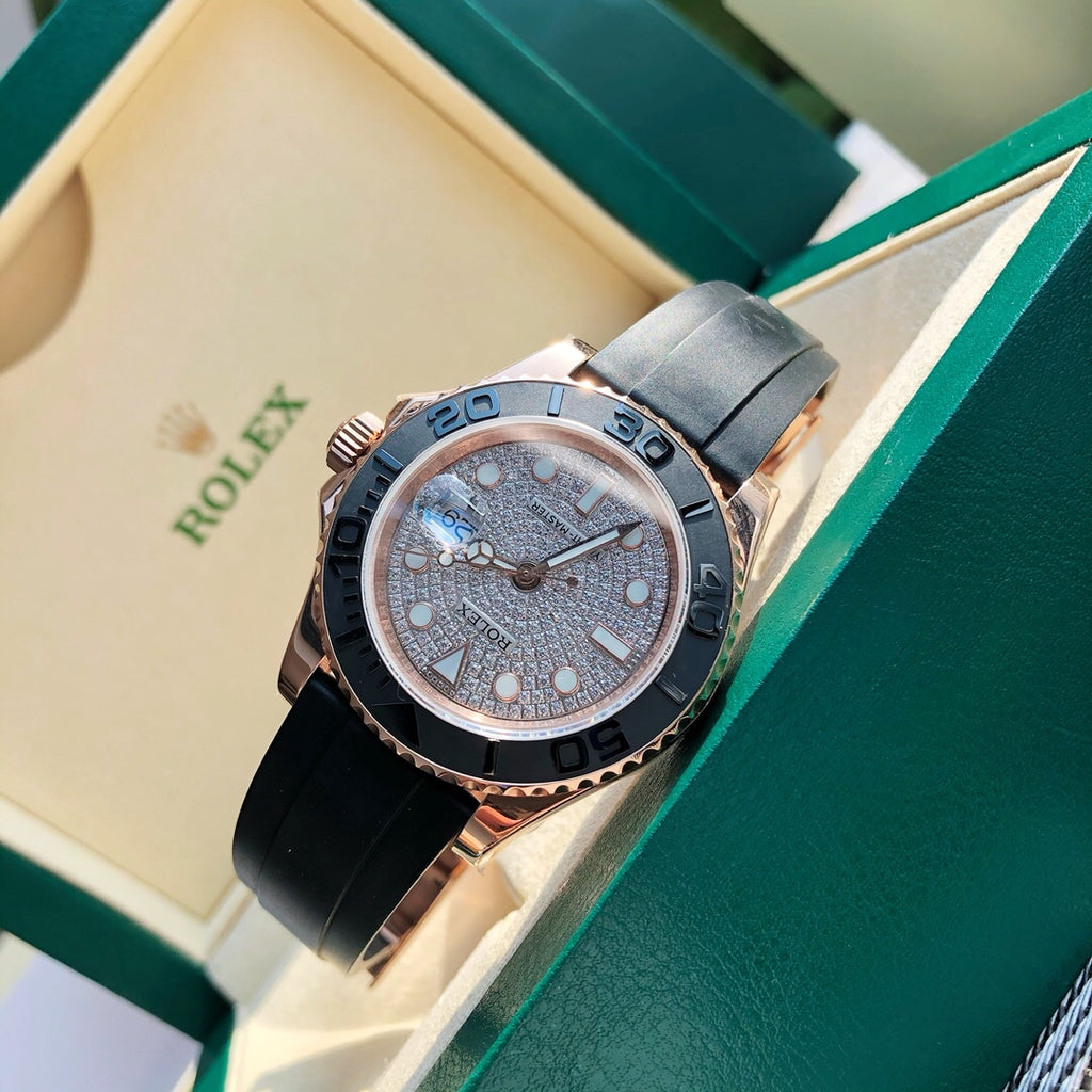 Rolex Yacht-Master 40 Rose Gold Diamond Pavé Dial Black Ceramic Bezel Rubber Strap (Custom)