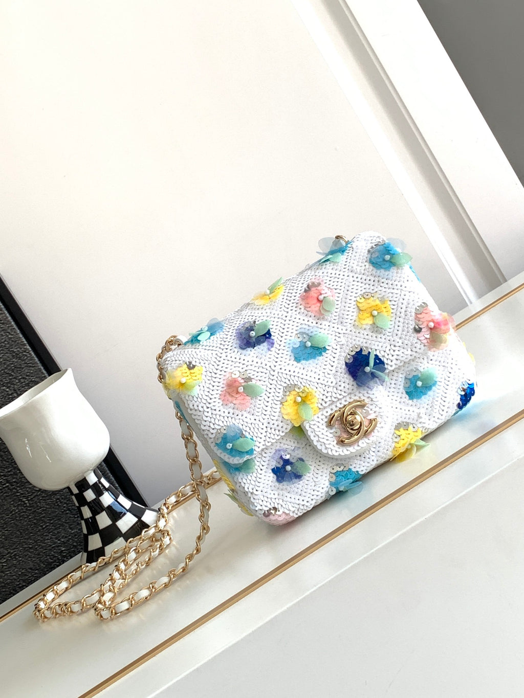 Chanel White Sequin Floral Chain Bag (Custom)
