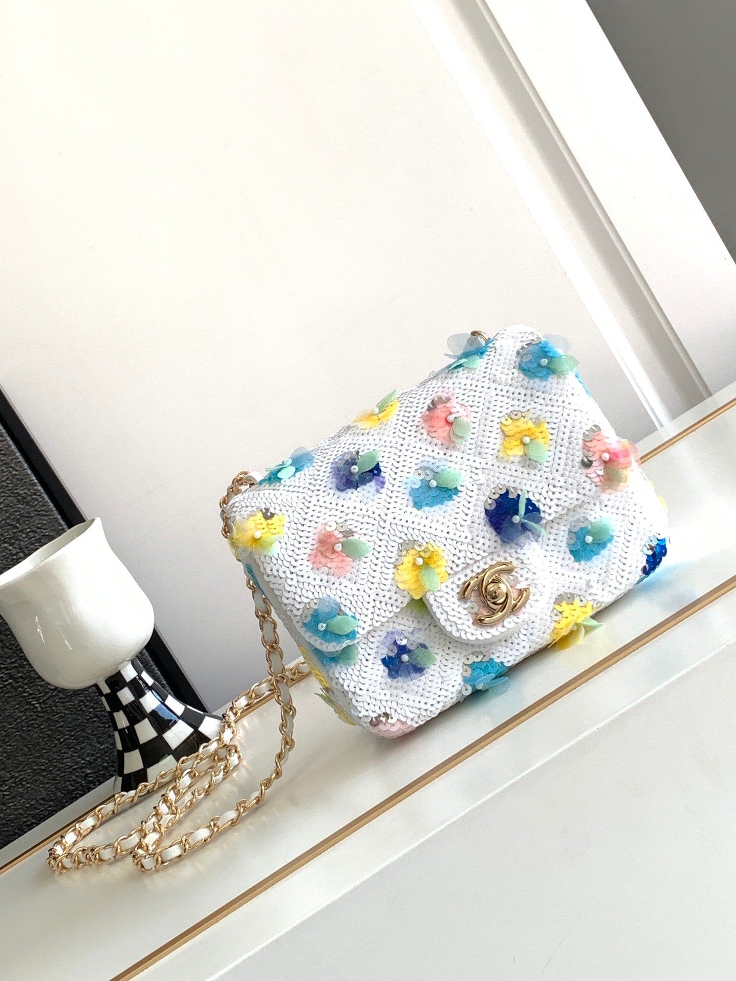 Chanel White Sequin Floral Chain Bag (Custom)