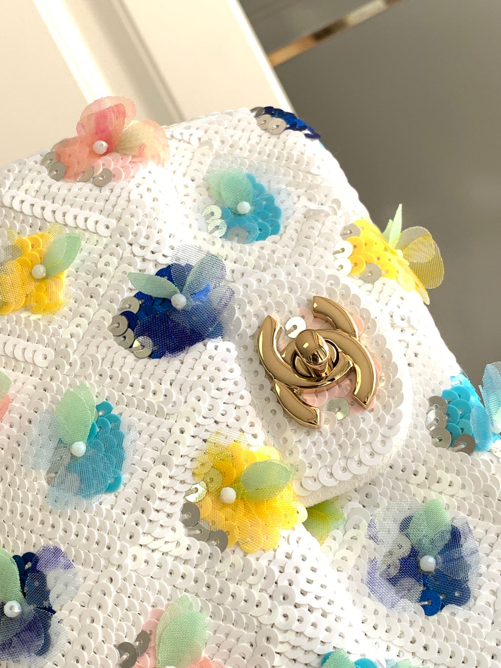 Chanel White Sequin Floral Chain Bag (Custom)