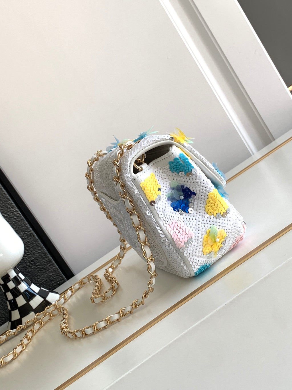 Chanel White Sequin Floral Chain Bag (Custom)