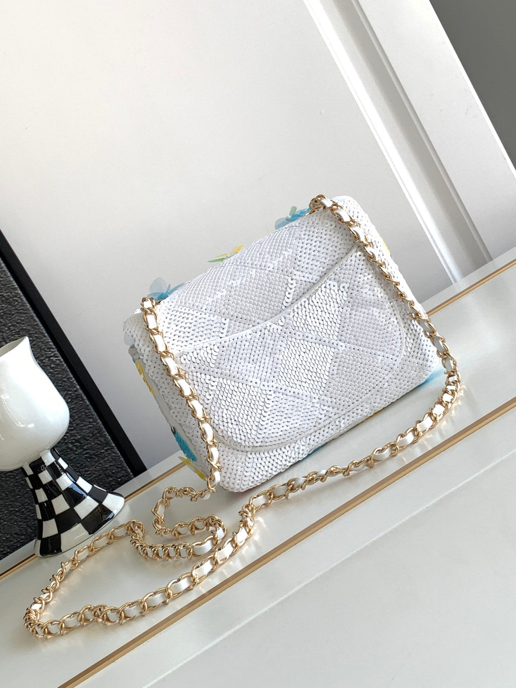 Chanel White Sequin Floral Chain Bag (Custom)