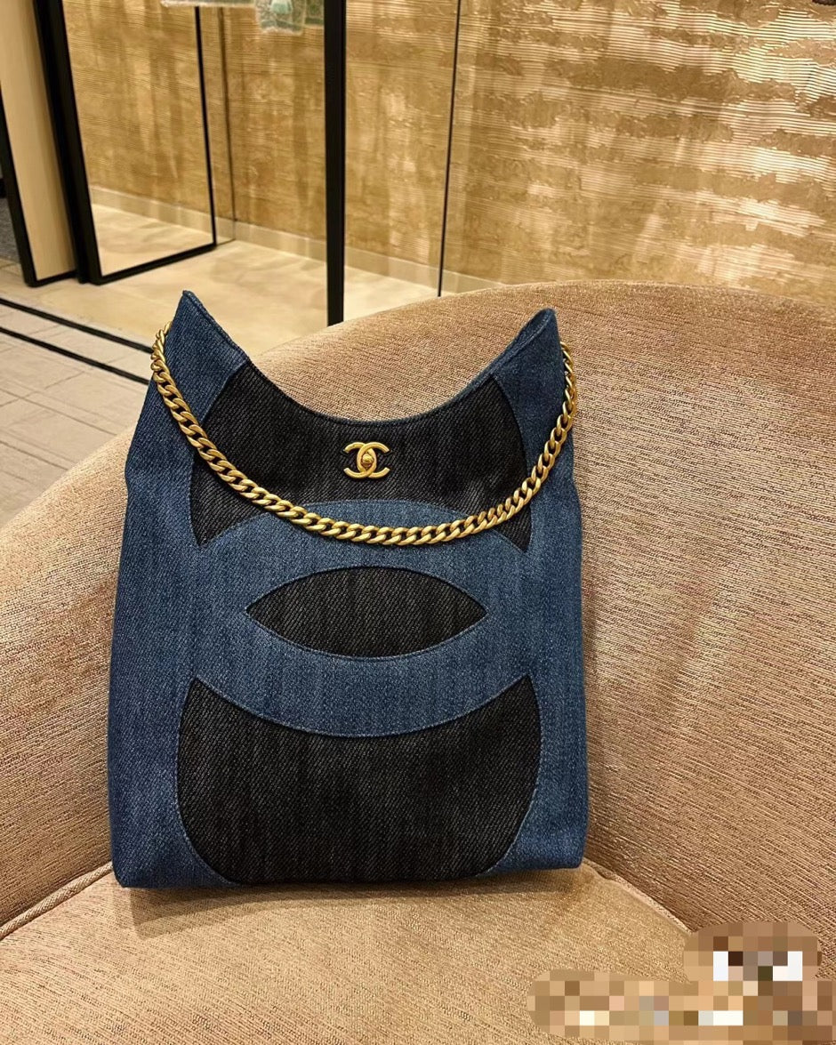 Chanel Blue & Black Denim Large CC Hobo Chain Tote Bag (Custom)
