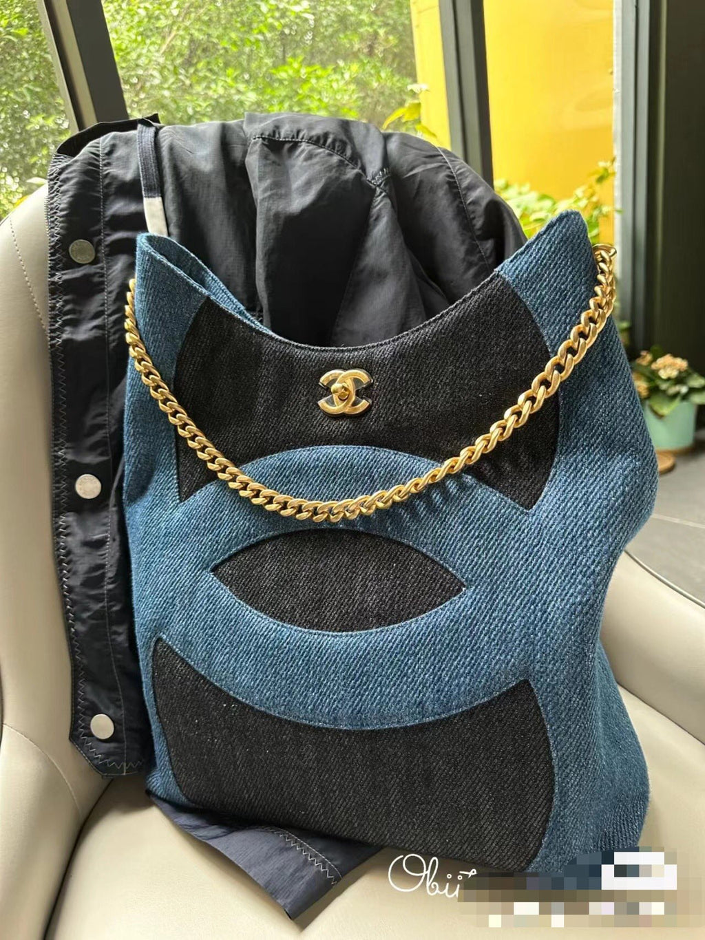Chanel Blue & Black Denim Large CC Hobo Chain Tote Bag (Custom)