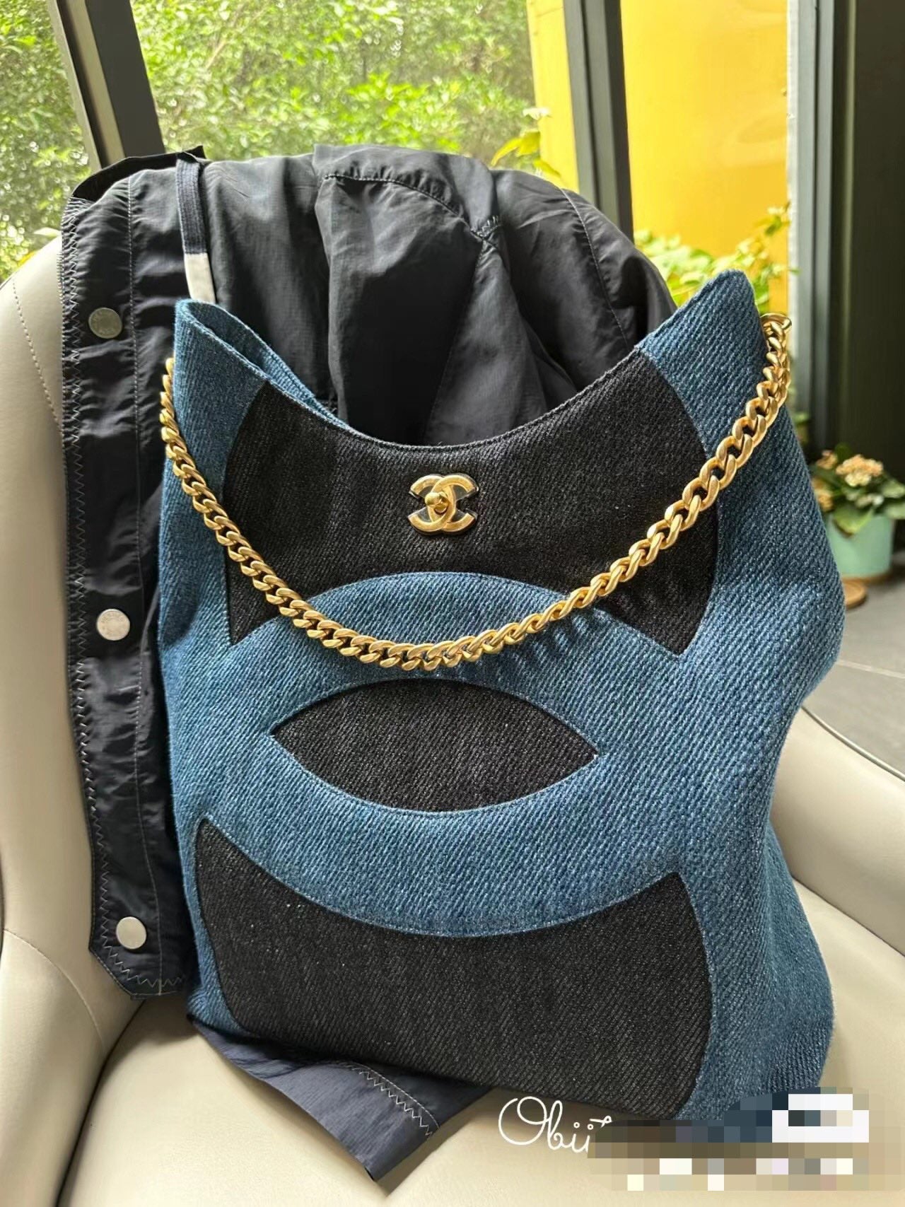 Chanel Blue & Black Denim Large CC Hobo Chain Tote Bag (Custom)