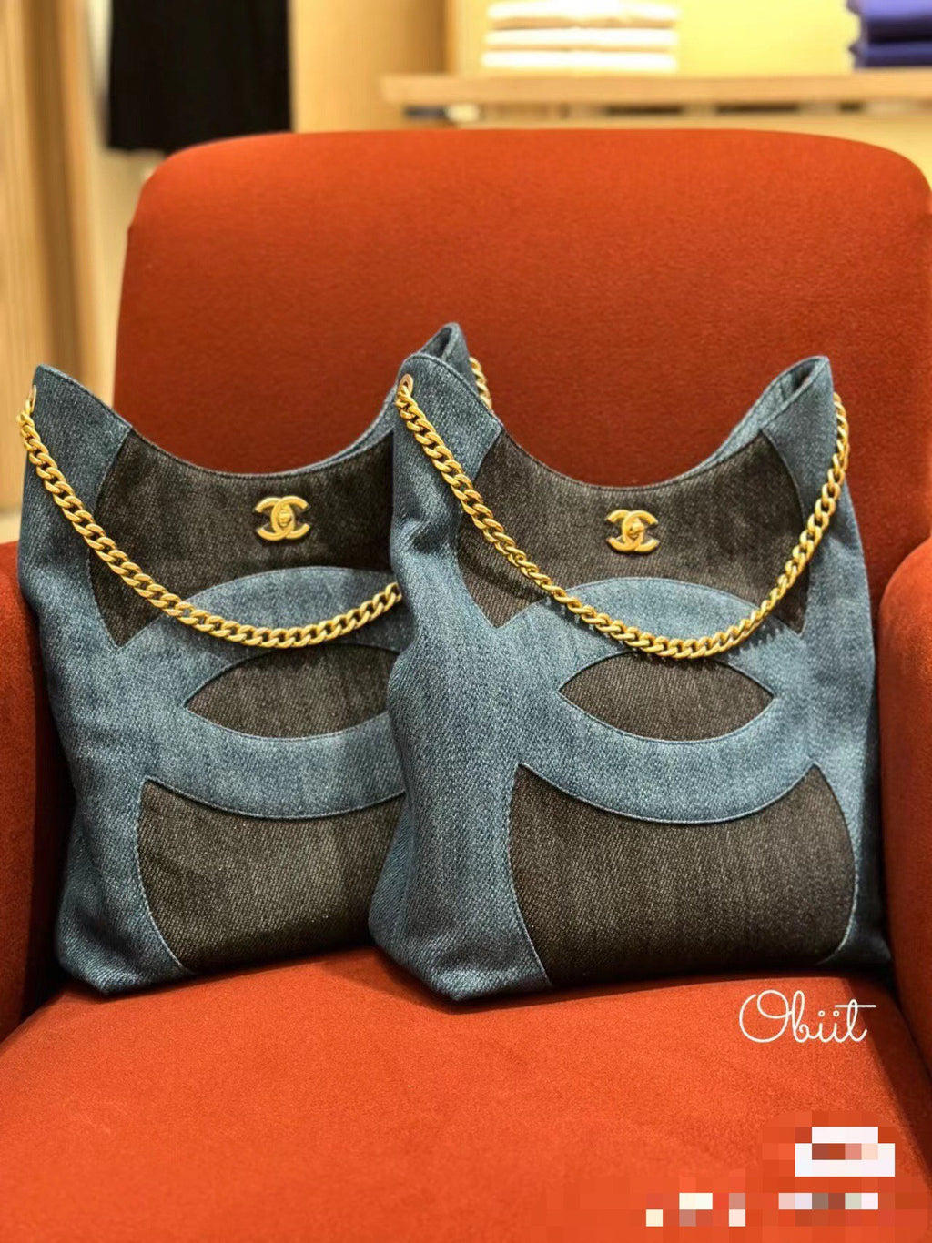 Chanel Blue & Black Denim Large CC Hobo Chain Tote Bag (Custom)