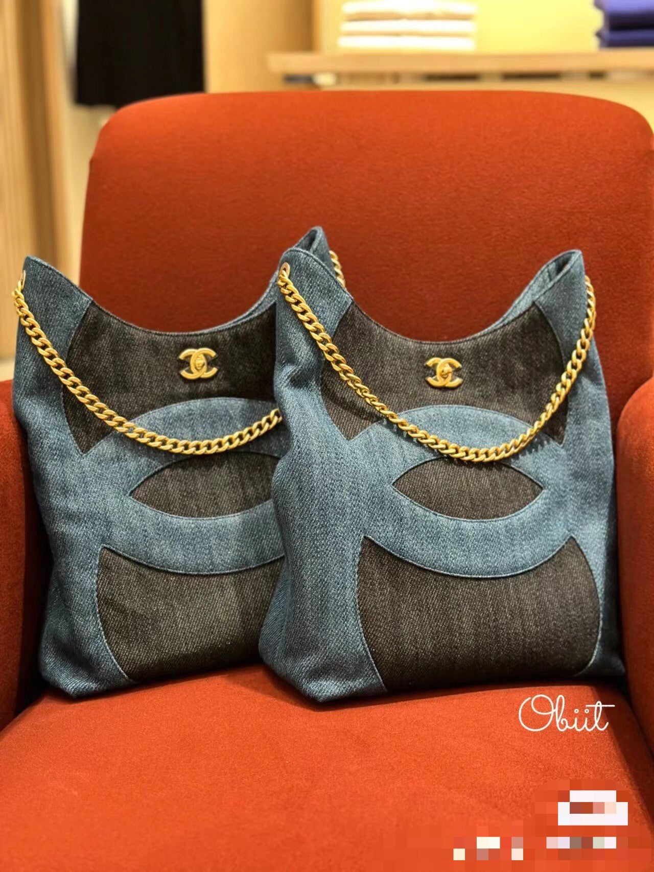 Chanel Blue & Black Denim Large CC Hobo Chain Tote Bag (Custom)