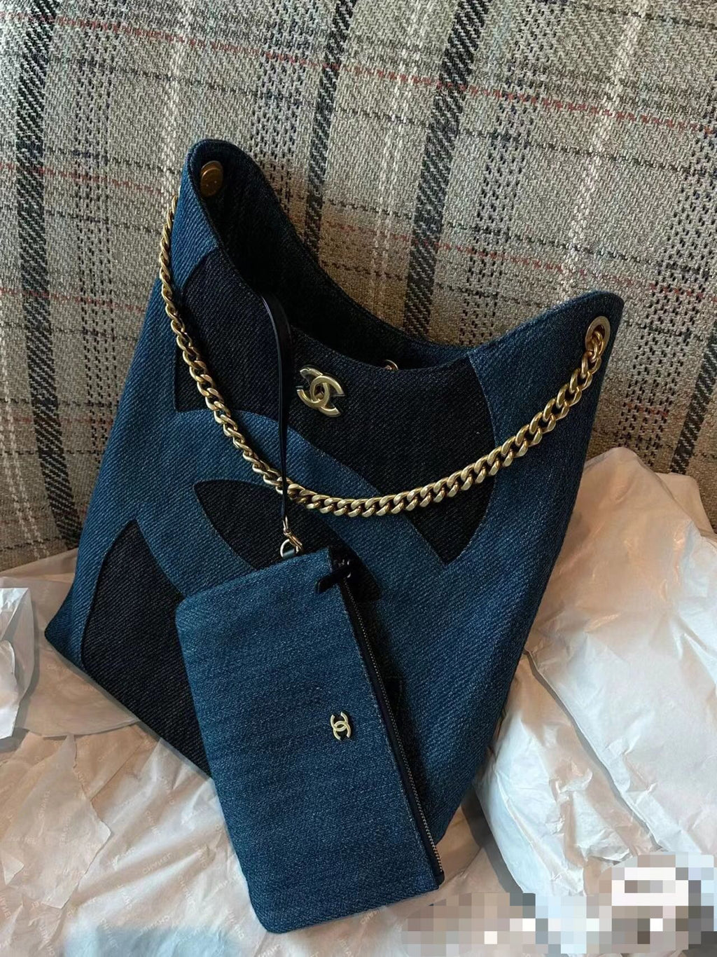 Chanel Blue & Black Denim Large CC Hobo Chain Tote Bag (Custom)