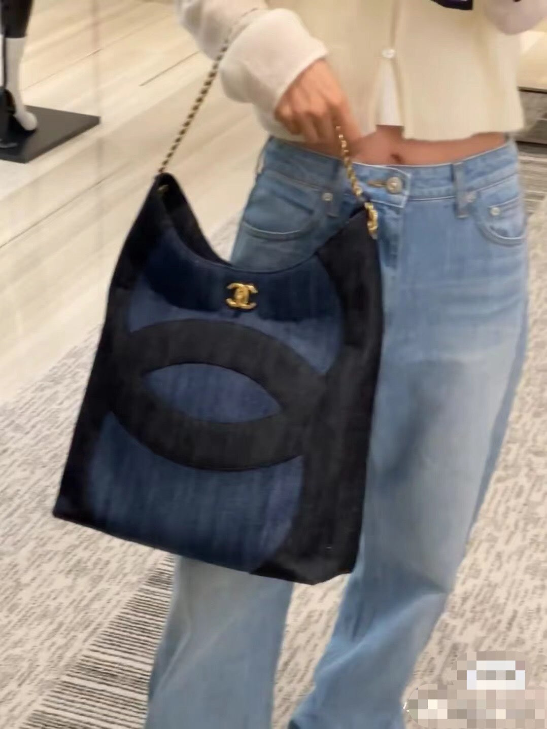 Chanel Blue & Black Denim Large CC Hobo Chain Tote Bag (Custom)