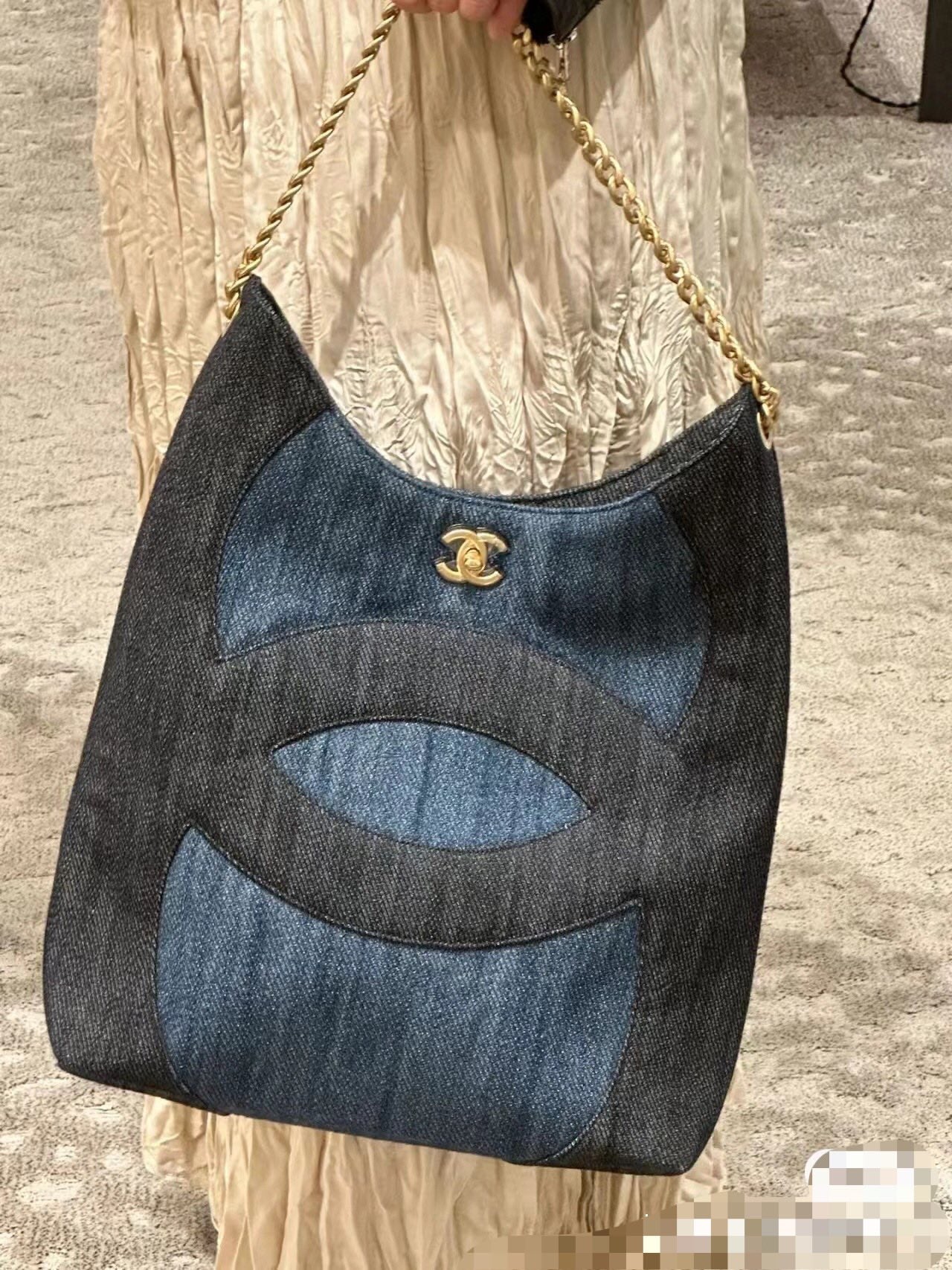 Chanel Blue & Black Denim Large CC Hobo Chain Tote Bag (Custom)