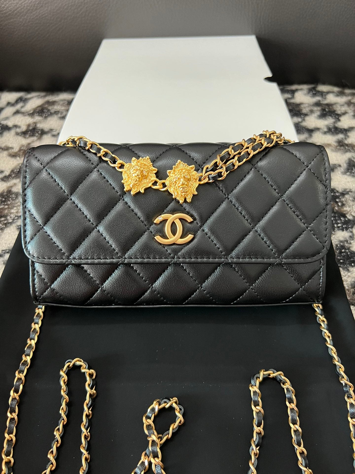 Chanel Black Quilted Lambskin Dual Lion Head Gold Chain Flap Bag (Custom)