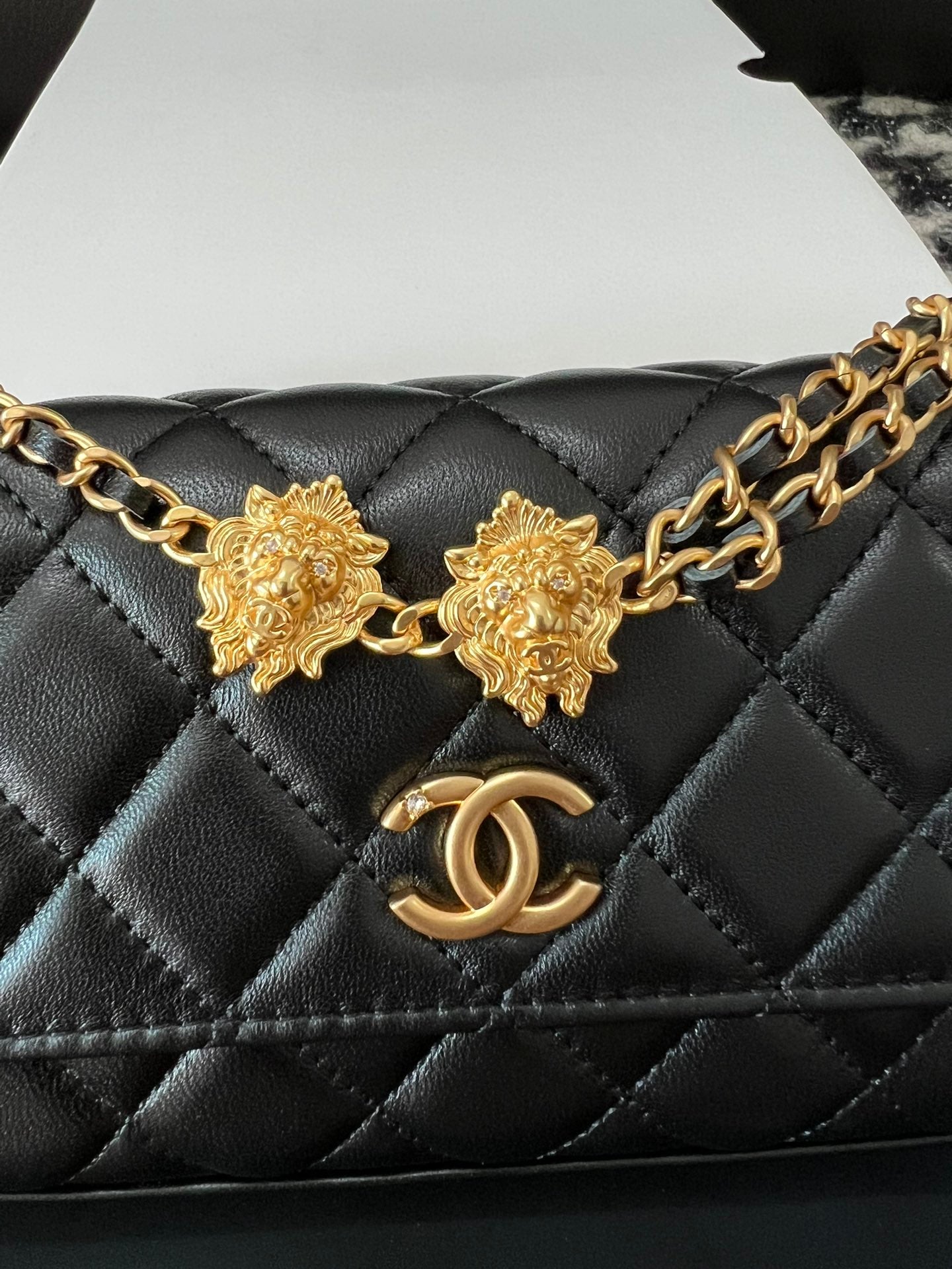 Chanel Black Quilted Lambskin Dual Lion Head Gold Chain Flap Bag (Custom)