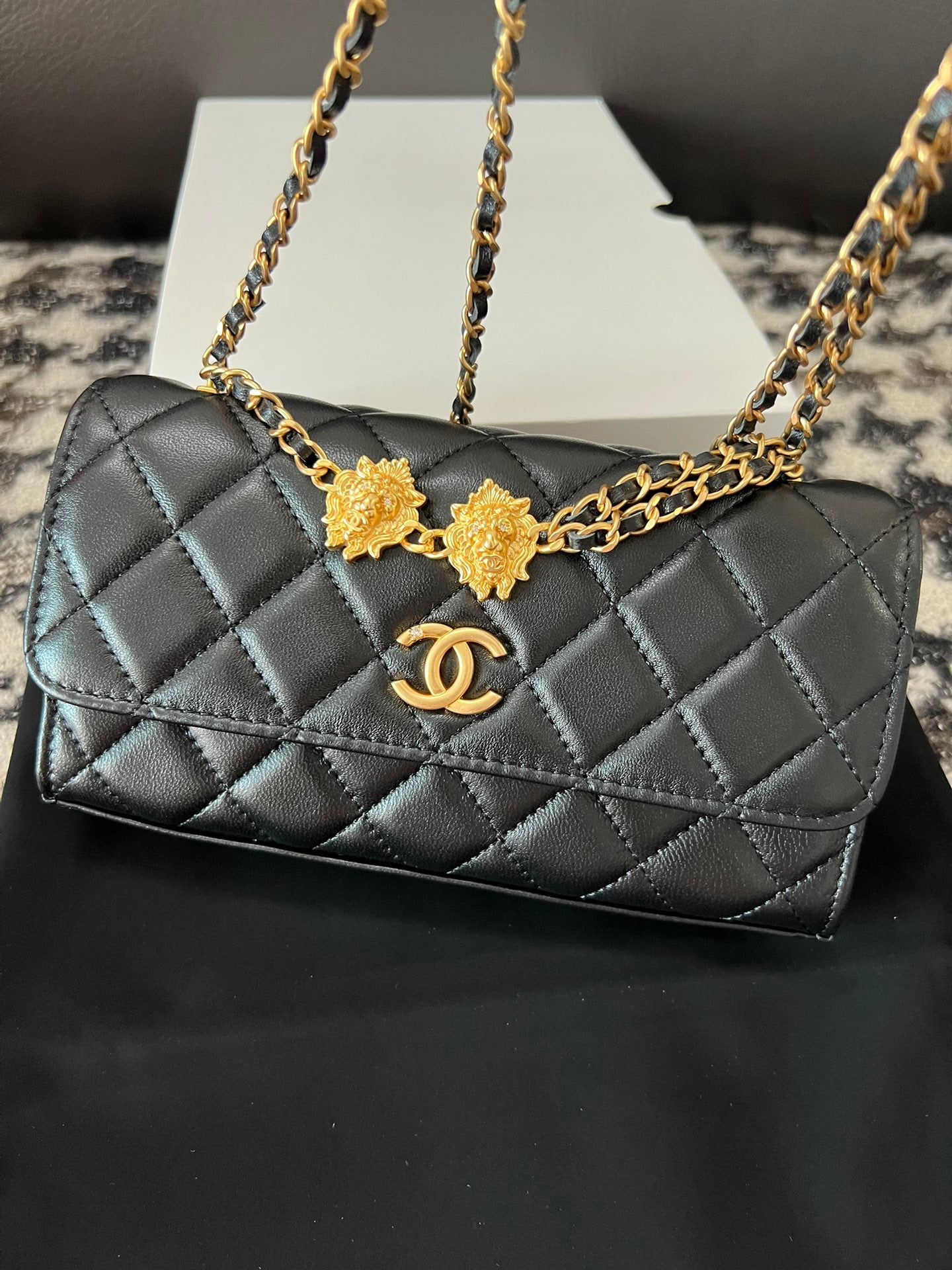 Chanel Black Quilted Lambskin Dual Lion Head Gold Chain Flap Bag (Custom)