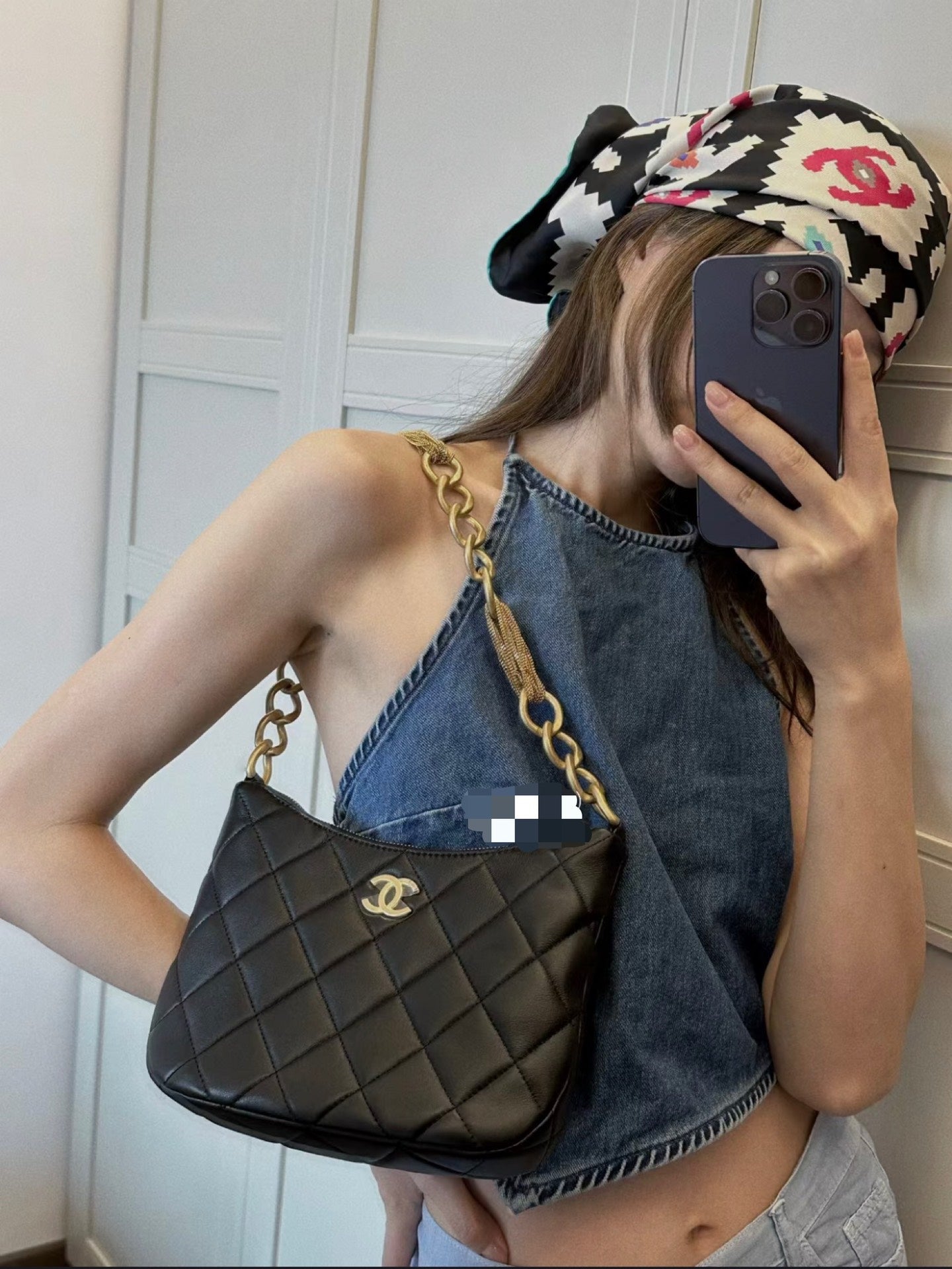 Chanel Black Quilted Lambskin Large CC Gold Chain Hobo Bag (Custom)