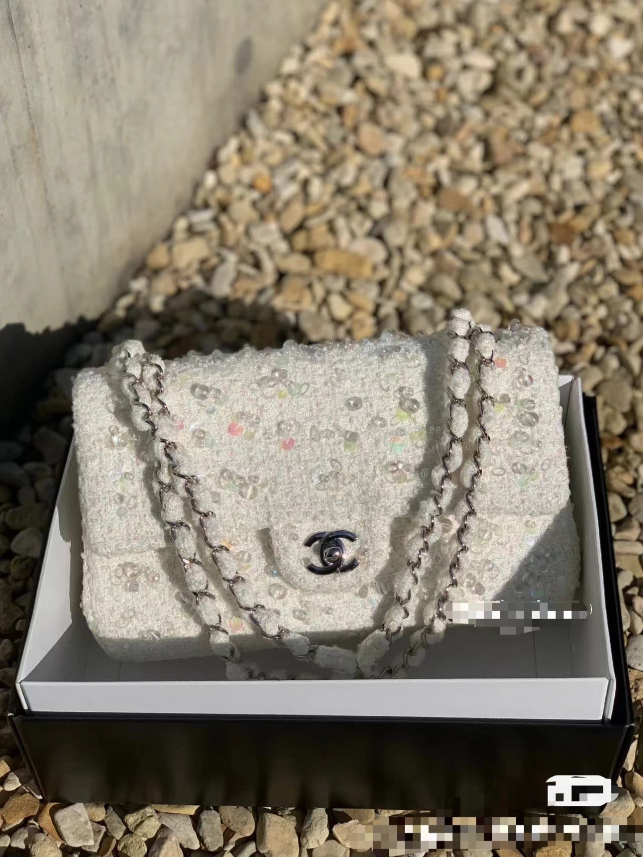 Chanel Classic Flap White Tweed Pearl & Crystal Embellished Small Silver Hardware