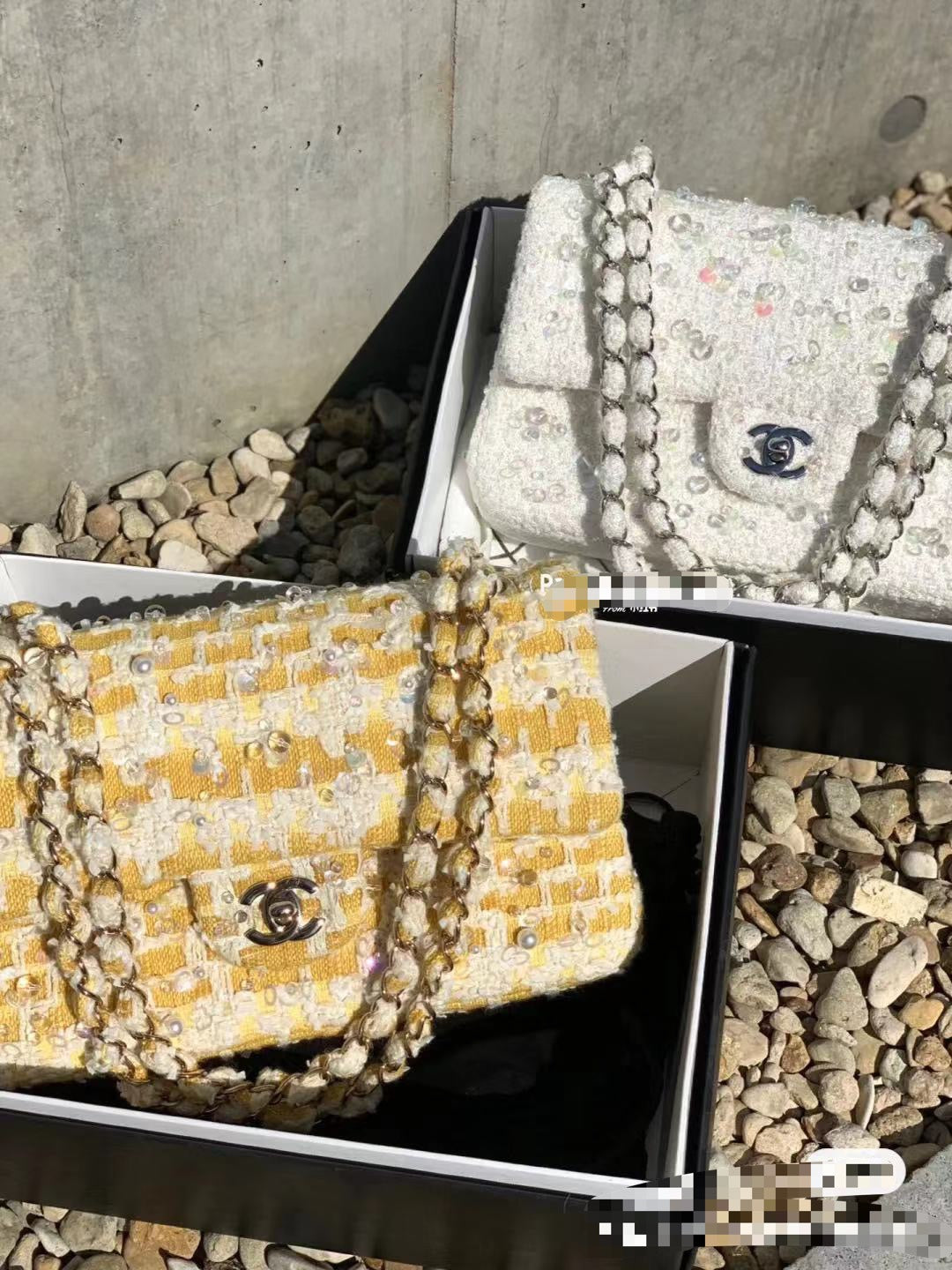 Chanel Classic Flap White Tweed Pearl & Crystal Embellished Small Silver Hardware