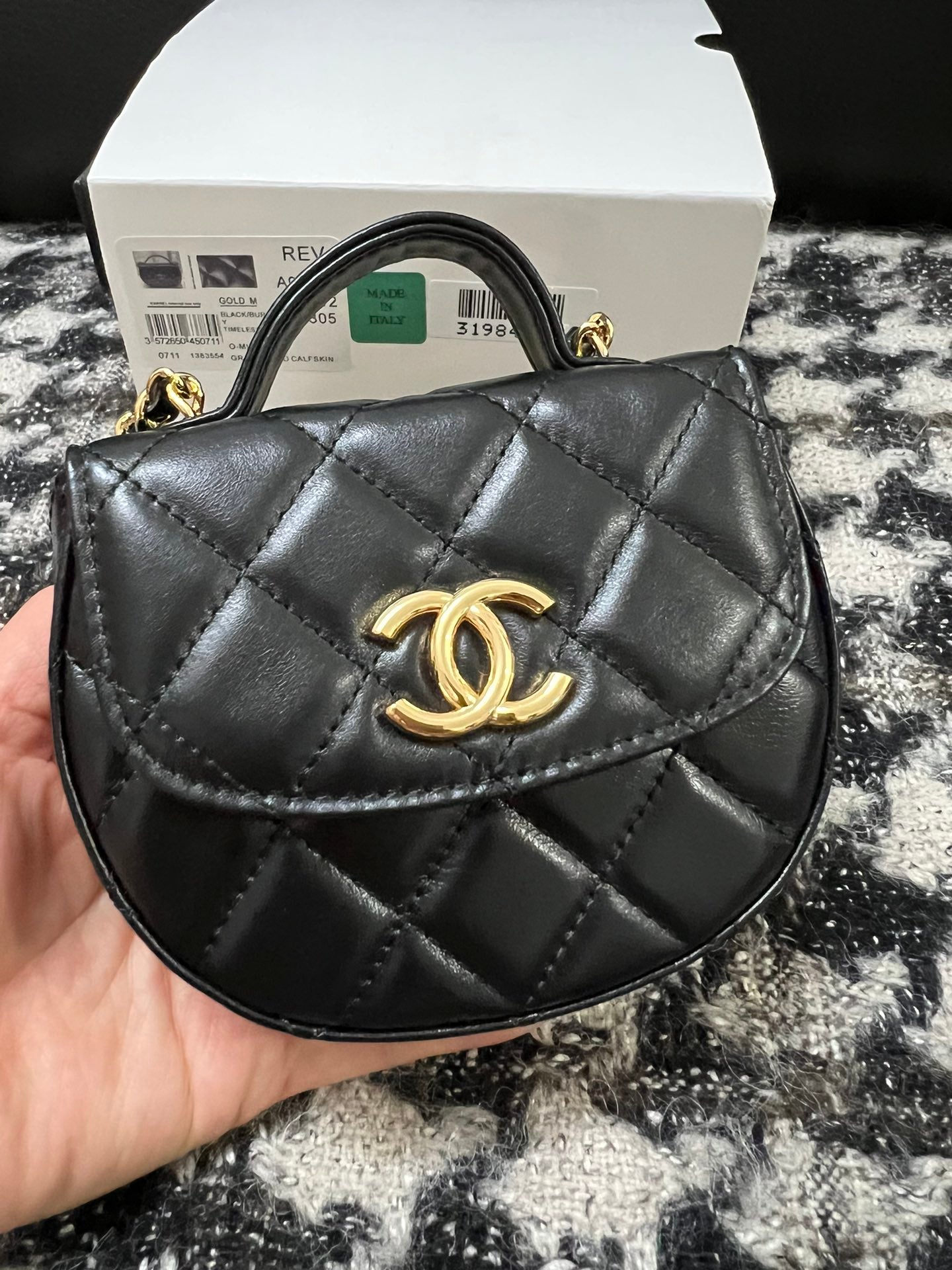 Chanel Black Quilted Calfskin Round Mini Top Handle Chain Bag (Custom)