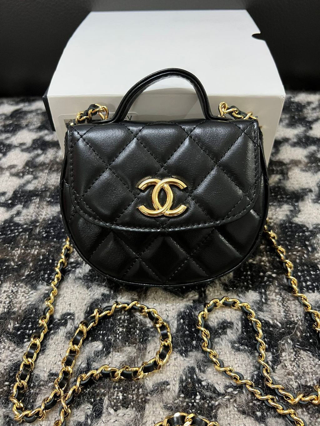 Chanel Black Quilted Calfskin Round Mini Top Handle Chain Bag (Custom)