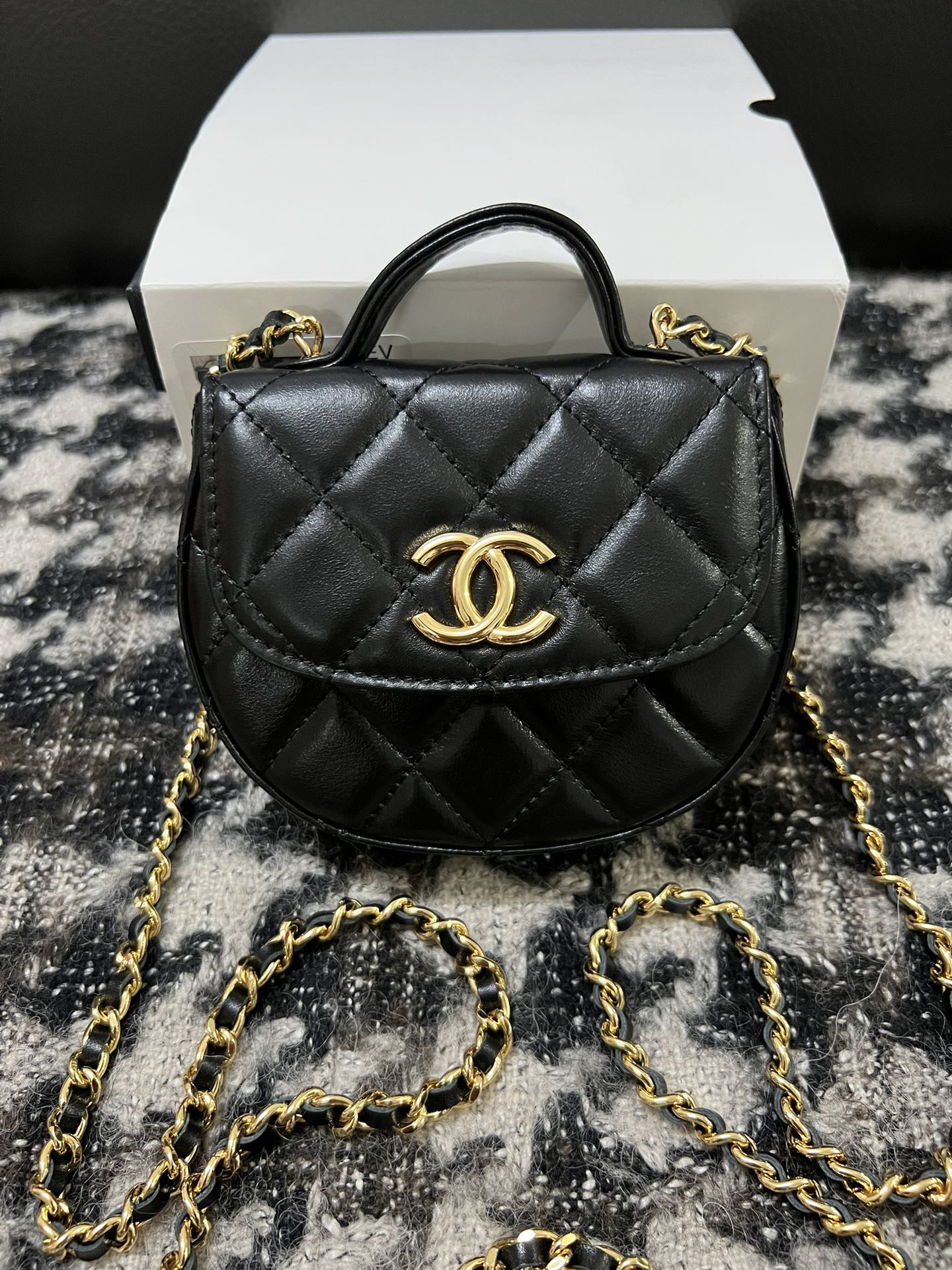 Chanel Black Quilted Calfskin Round Mini Top Handle Chain Bag (Custom)