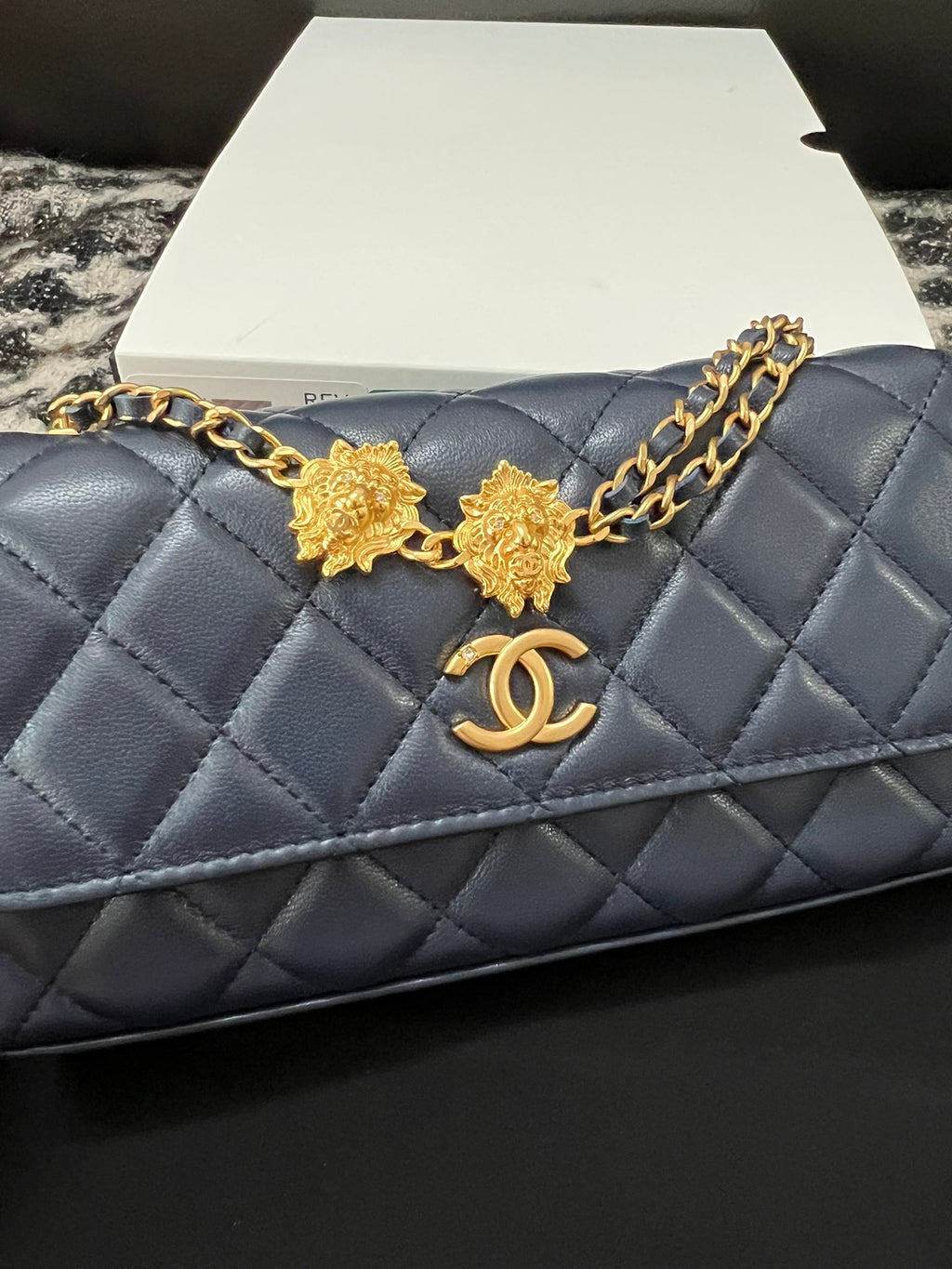 Chanel Navy Blue Quilted Lambskin Lion Head Chain Bag (Custom)
