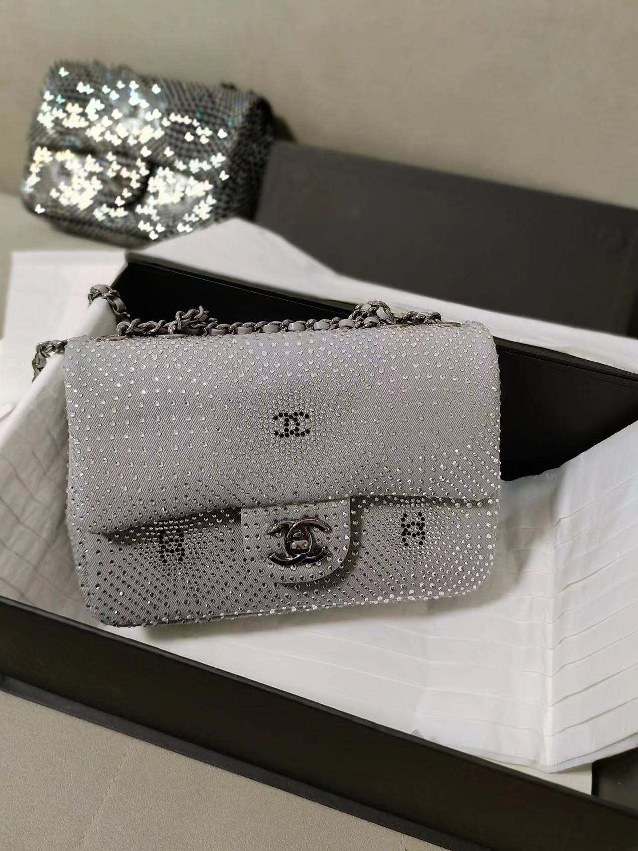 Chanel Classic Flap Crystal Embellished Silver Grey Small Ruthenium Hardware