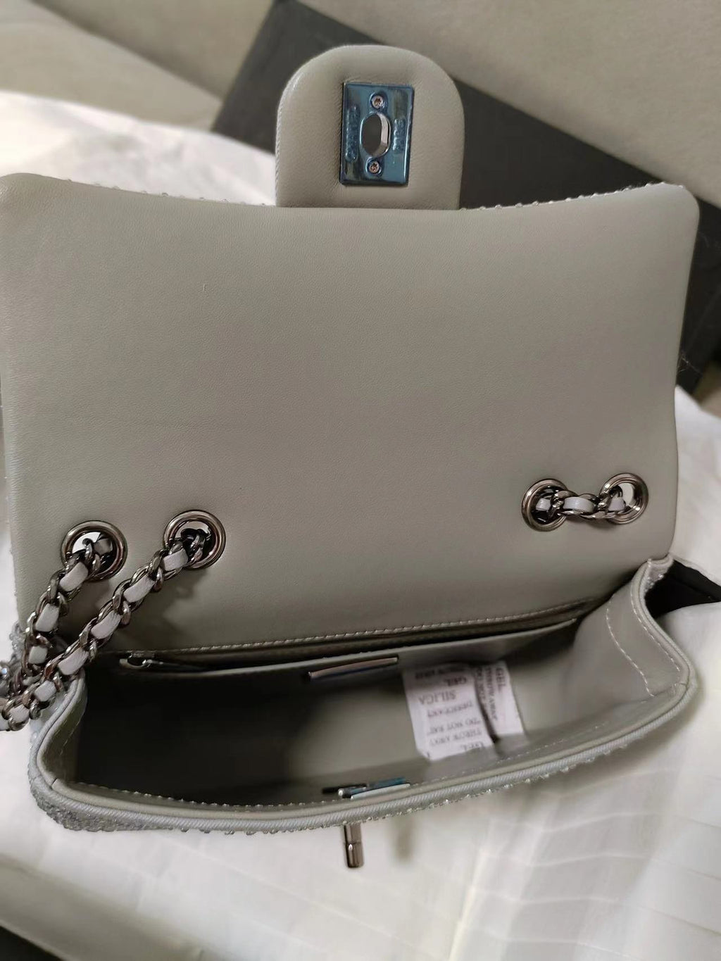 Chanel Classic Flap Crystal Embellished Silver Grey Small Ruthenium Hardware