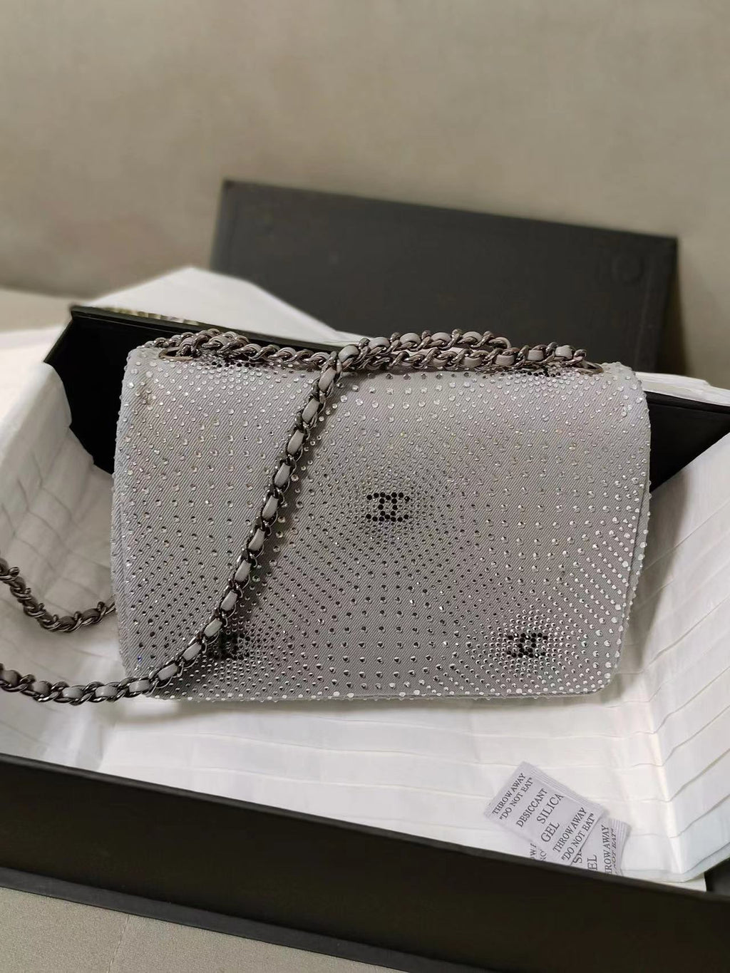 Chanel Classic Flap Crystal Embellished Silver Grey Small Ruthenium Hardware