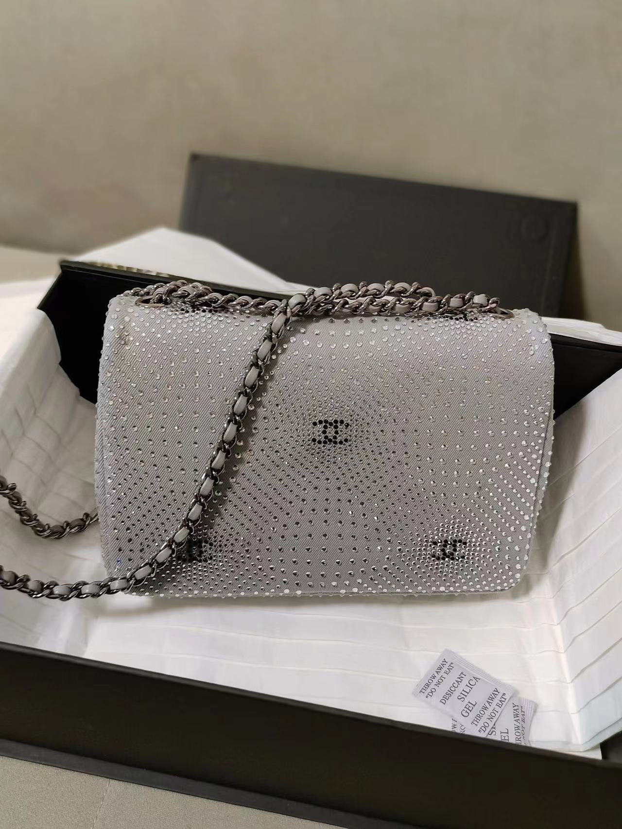 Chanel Classic Flap Crystal Embellished Silver Grey Small Ruthenium Hardware